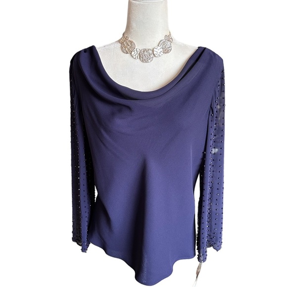 SL Fashions Navy Blue Bead Embellished Formal Chiffon Blouse - Picture 2 of 6